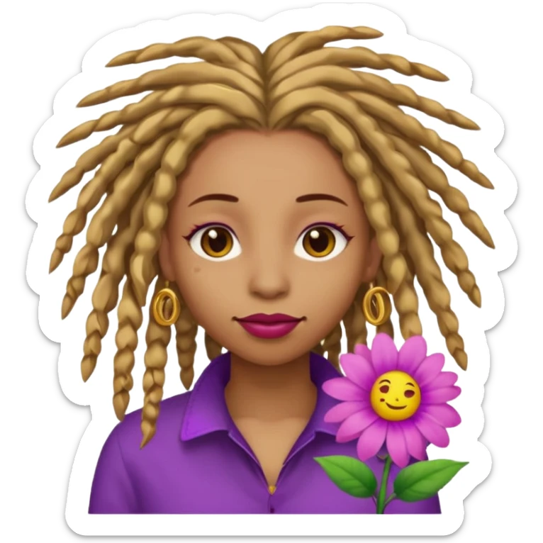 Gold dread locs pink emoji face purple flower in the hair red lipstick light brown face  just the face  sticker