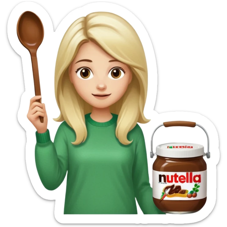 Blond woman with white and green pullover holds in one hand a big carriage of Nutella and in the other hand a oversized spoon which is in the carriage of Nutella. Her hair is long. And the Nutella jar is very big sticker
