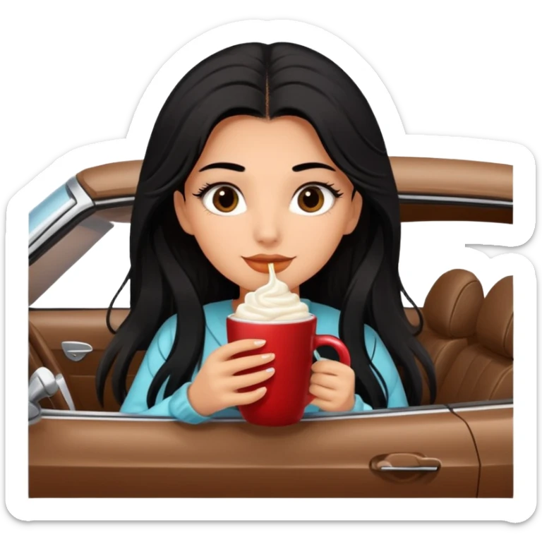Tanned Girl with lashes , bright black long hair, in an extremely big fluffy brown mustang, and drinking hot chocolate drink sticker