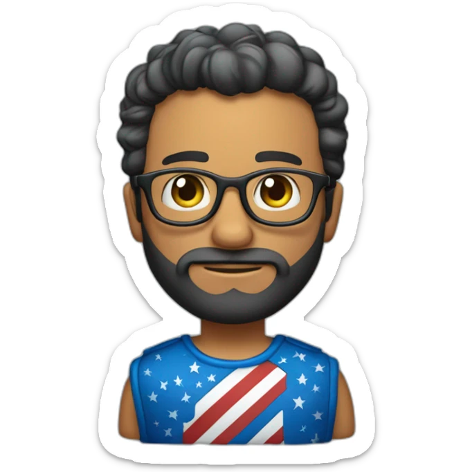 Homem acima do peso, loiro médio, com cabelo crespo curto, barba, olho azul e que usa óculos sticker