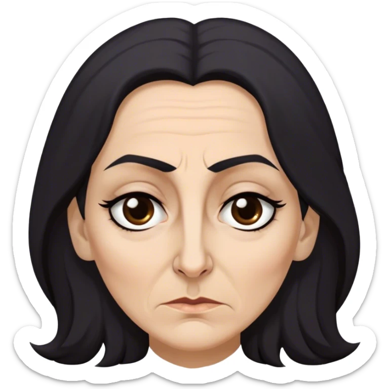 Mirri Maz Duur is a weathered, age 50 woman with deep-set dark eyes, high cheekbones, and a sharp nose, giving her a stern, knowing expression. Her long, unkempt dark hair  falls loosely over her shoulders sticker
