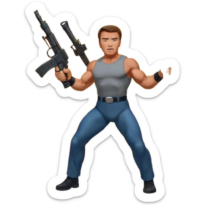 Icon for Action Movies: Arnold Schwarzenegger in the lead role, in an intense action pose with weapons, explosions, and dramatic background. The design should evoke the classic action movie feel with muscle-bound heroes and high-energy sequences. Transparent background. sticker