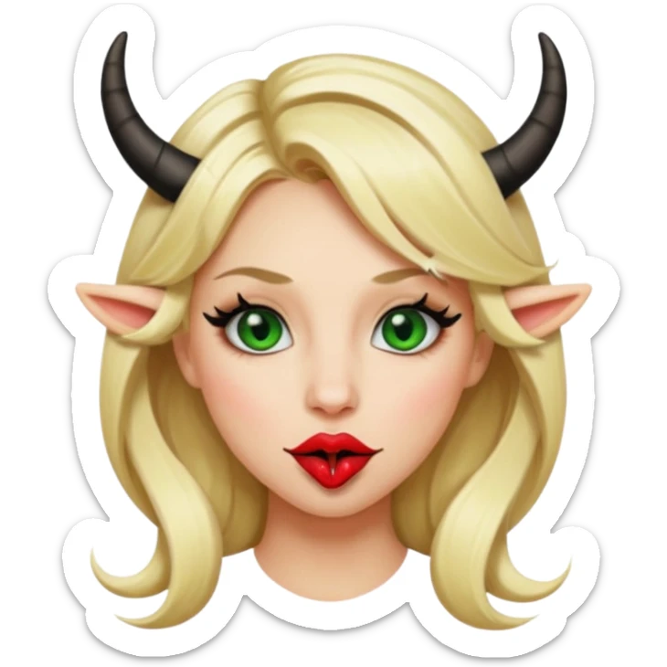 Emoji femme blonde cheveux blond, yeux vert avec de long cils noir qui tire la langue et à des cornes  sticker