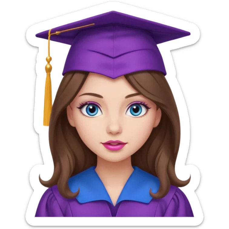 girl with gorgeous lightly curled long brown hair, blue eyes, long lashes makeup, sexy pink lips, wearing a purple graduation cap and gown sticker