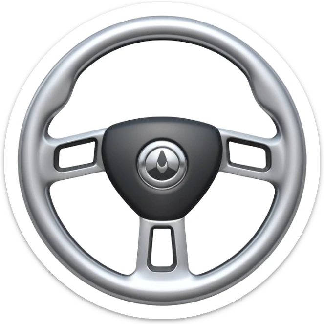 A futuristic steering wheel emoji made of silver chrome, minimal geometric design, smooth metallic surface, soft reflections, iOS emoji style, centered, clean white background sticker