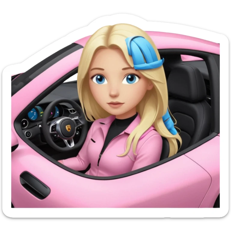 pink Porsche taycan with blonde girl, long hair, blue eyes, sitting inside the car, front view point of view, no sunglasses, sexy sticker