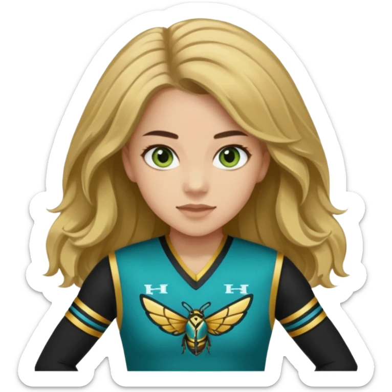 Im white  I have greenish blue hazel eyes I have light brown long hair and my cheer uniform is black and gold and says hornets sticker