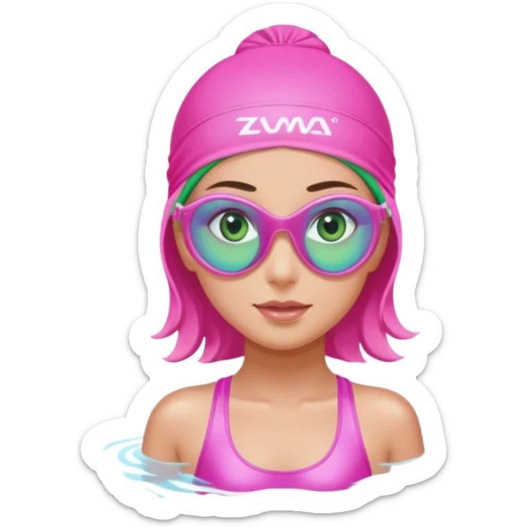 pretty girl with green eyes pink swim cap holographic swimming glasses and cute profesional swimmer pink swimsuit without her hair visible sticker