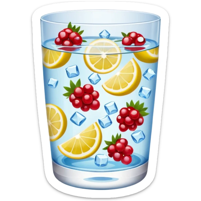 glass of water with floating berries, lemon slices, and ice cubes, emoji style sticker