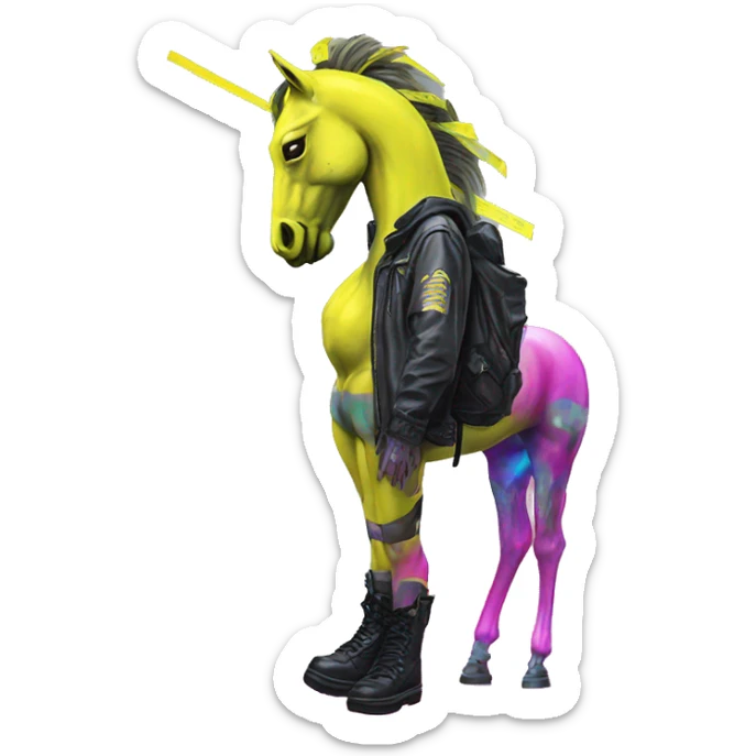 .Zombie_ Vaporwave black holographic oilslick zombie unicorn yellow caution tape graffiti Pegasus with  prosthetic leg  sticker