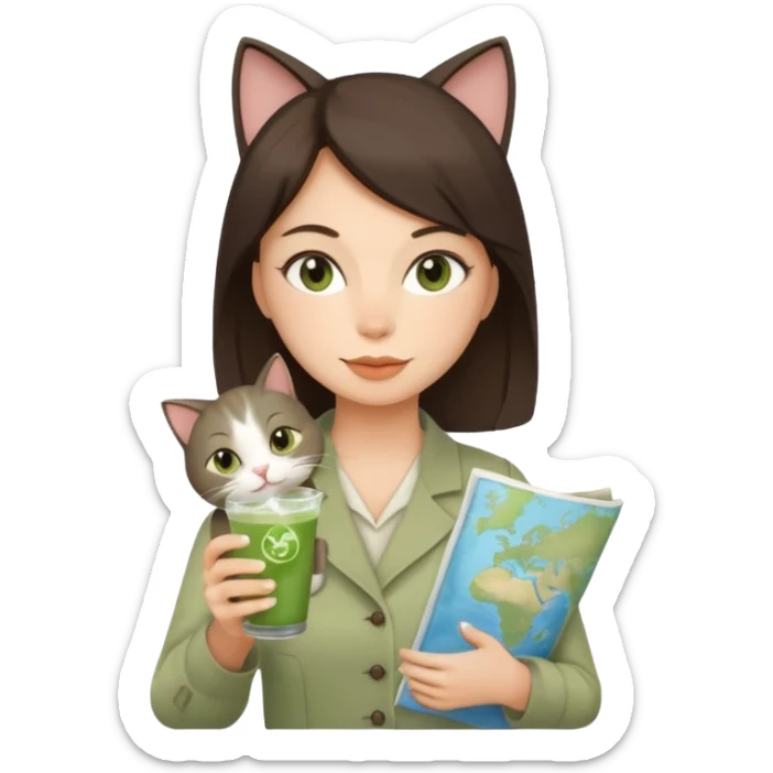 a brunette woman in here 30S drinking an iced matcha, carrying a grey cat and a map of the world sticker