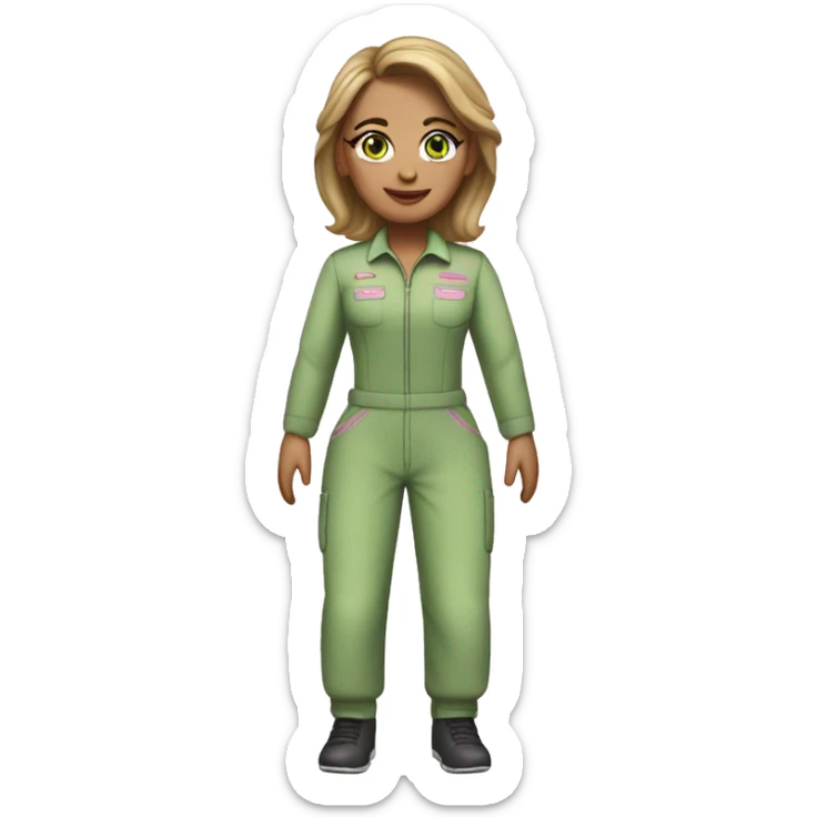 Woman dark blond hair light green eyes  pink  full body jumpsuit flying sticker