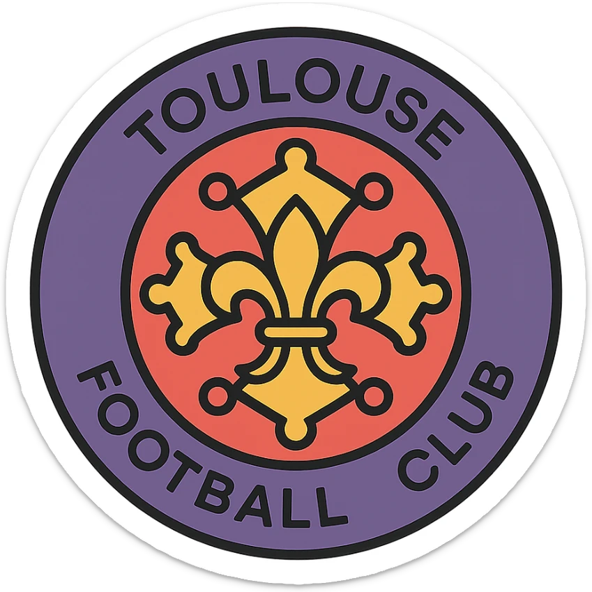 Toulouse football club badge as a vector-style icon, geometric shapes, stylized elements, focus on the fleur-de-lis, purple accents sticker