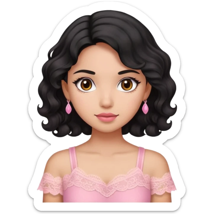 A girl with morena skin tone and black wavy hair wearing pink lace top sticker