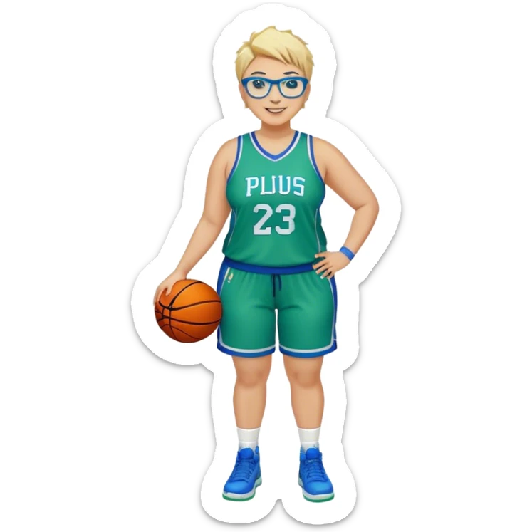 Full Body plus size white female with short spike hair wearing blue glasses basketball player wearing blue green uniform smiling sticker