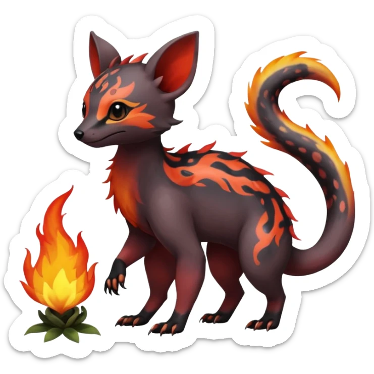 Rare warm-colored exotic cute epic aesthetic colorful Salandit-Eevee-Civet-species-Fakemon-hybrid-creature, with wild markings, full body sticker