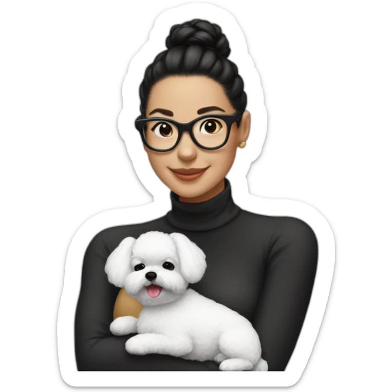 woman-black-hair-bun-with glasses-with bichon dog-white-smile-Christmas sticker