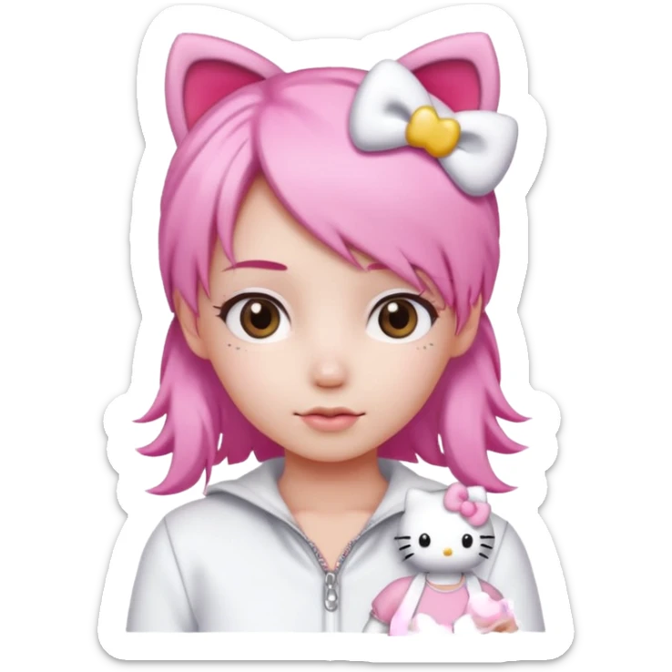 Female pink hair Wearing white and light pink clothing with hello kitty accessories sticker