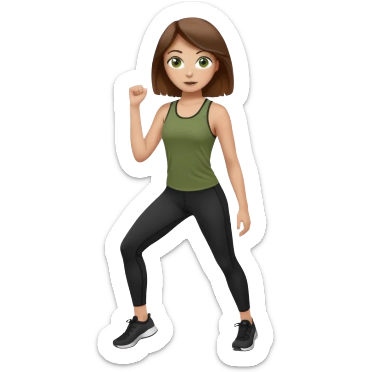 Girl with green eyes, brown hair, light skin, and freckles wearing an olive green top with black leggings working out sticker