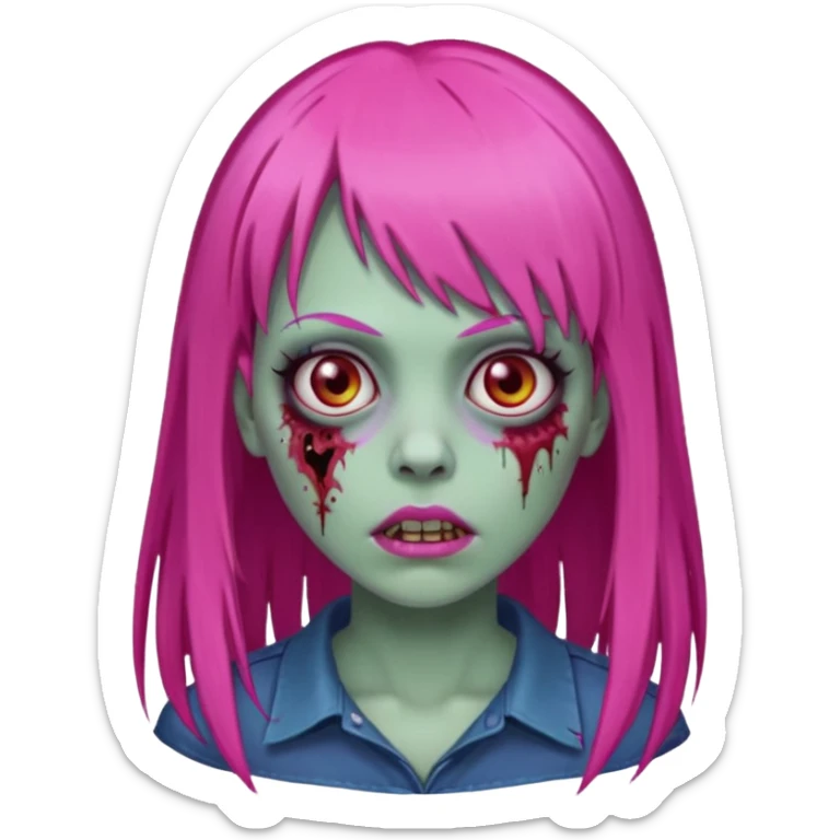 Create a female zombie emoji with long, straight hair in hot pink and bangs. sticker