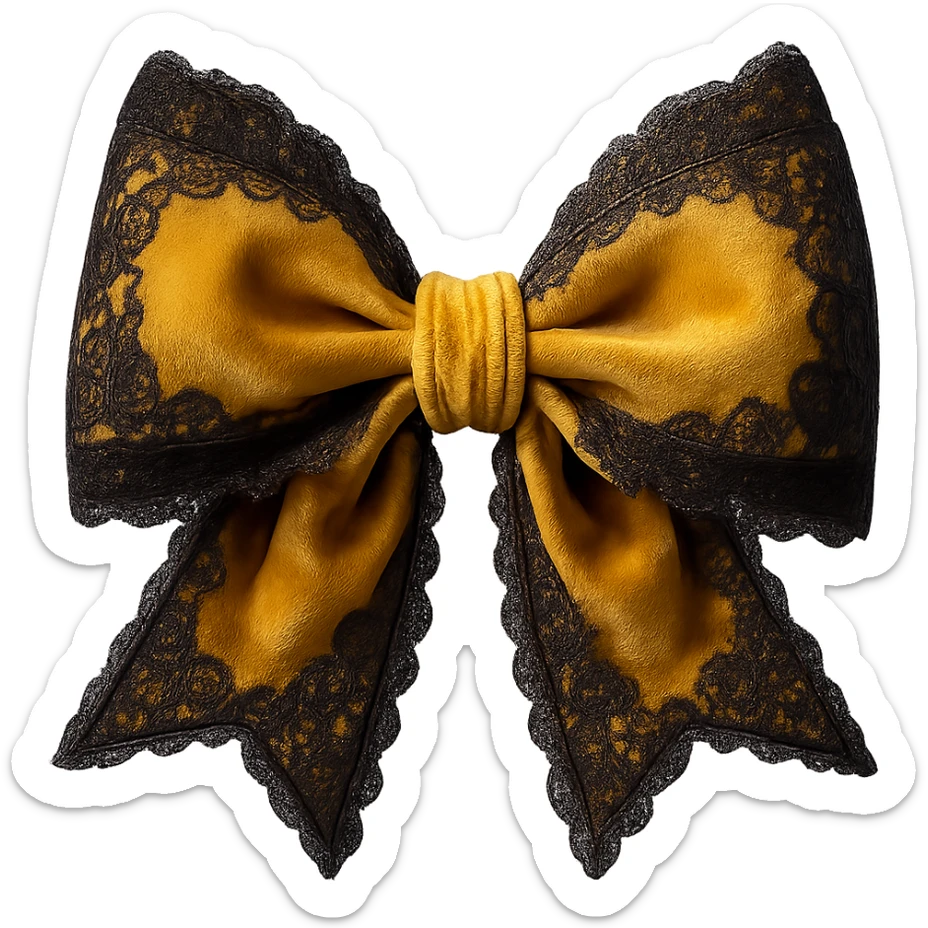 Add lace and velvet details to the gothic yellow bow in a photorealistic style. Keep the background transparent if possible. sticker