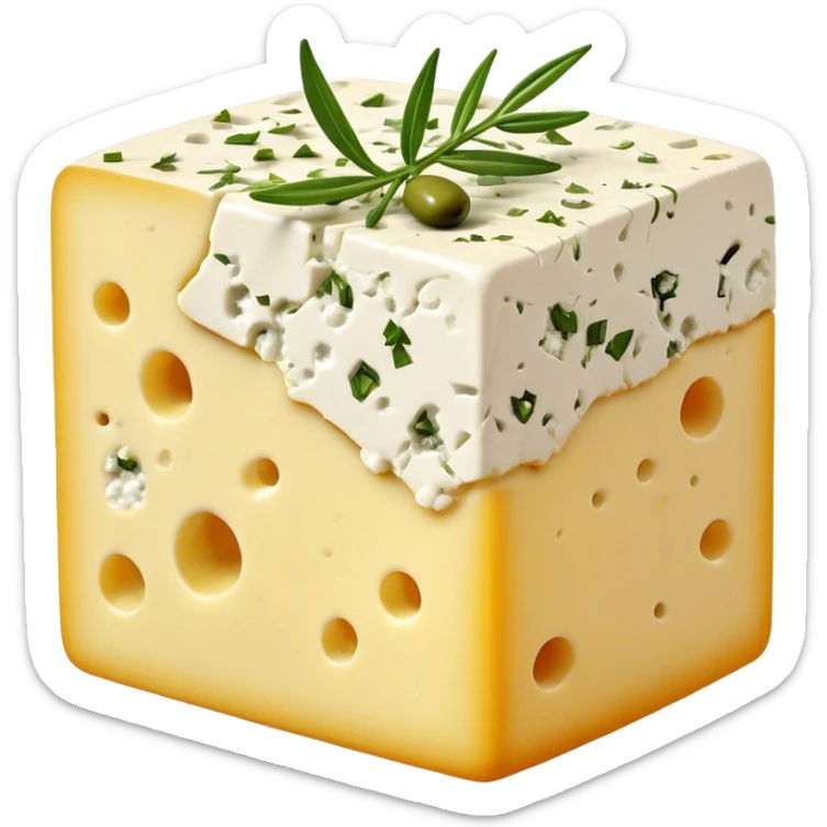 Cinematic Realistic Feta Cheese Dish Emoji, depicted as a block of crumbly, tangy cheese garnished with olive oil and herbs rendered with lifelike detail and soft natural lighting. sticker