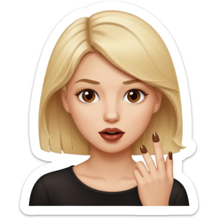 👁️🫦👁️💁🏼‍♀️ aguicheuse. elle se mord le coin de la lèvres. Elle est blonde. Ongles vernis marrons   sticker