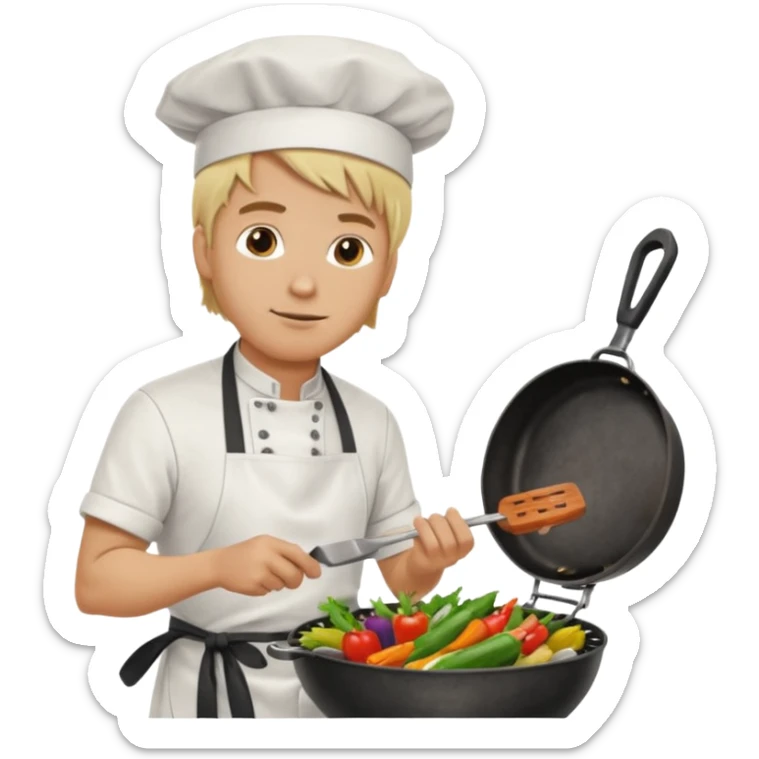 man with tied blond hair and and a white apron grilling vegetables on a sizzling grill sticker