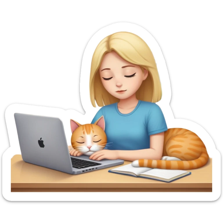 A girl is working hard in front of her laptop, and a cat is sleeping next to it sticker