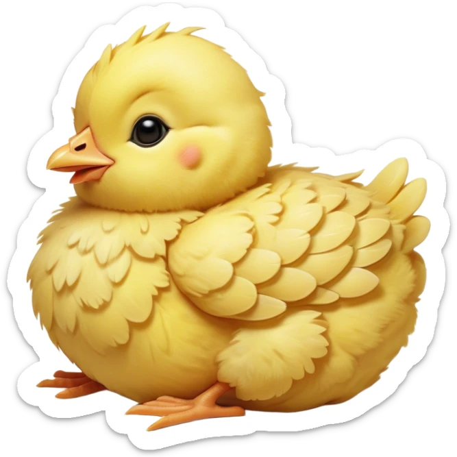 Meme-Worthy Cute Sleeping Yellow Baby Chicken Portrait Emoji, Head resting peacefully with a contented smile, showcasing a delightfully tiny build and a luxuriously soft bright yellow downy coat, eyes shut in a serene, restful nap, Simplified yet hilariously adorable features, highly detailed, glowing with a soft, drowsy light, high shine, relaxed and utterly lovable, stylized with an air of playful laziness, bright and heartwarming, soft glowing outline, capturing the essence of a comically sleepy chick, so meme-worthy it feels like it could instantly become the next viral sensation of adorable slumber! sticker