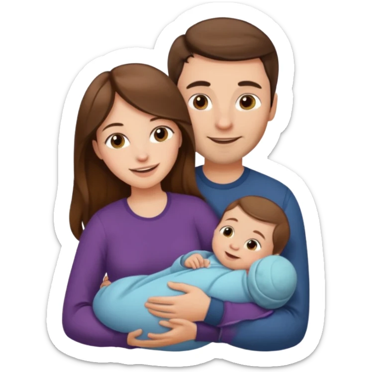 "Woman with long brown hair and fair skin holding a baby. And man with short brown hair and fair skin, without a mustache, holding a child. Smiling." sticker