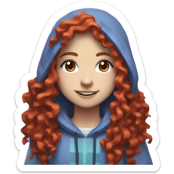 a white girl with long red curly hair and freckles, wearing periwinkle Minecraft hoodie playing a videogame smiling sticker