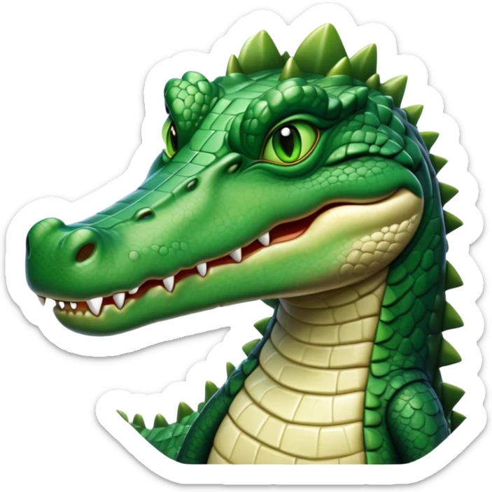 cinematic-noble-crocodile-portrait-emoji,-poised-and-regal,-with-a-powerful,-elongated-build-and-a-rugged,-scaly-emerald-green-hide,-piercing-cold-eyes,-simplified-yet-sharp-and-sophisticated-features,-highly-detailed,-glowing, head held high sticker