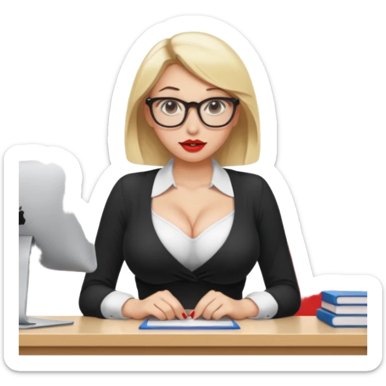 Blond lady.big boobs.glasses.short skirt.white shirt .cleavage .red lipstick .bending over desk sticker