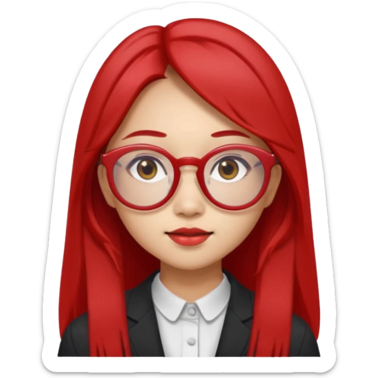 20 yr old asian woman, straight thick long brown hair, middle part, big red glasses, brown eyes sticker