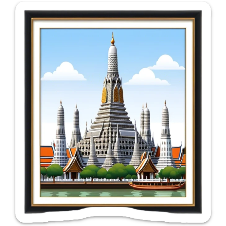 Cinematic Realistic Wat Arun Landmark Emoji, depicting the towering temple spires adorned with intricate porcelain mosaics sticker