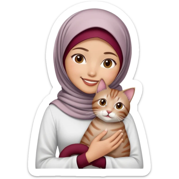 Asian White girl wearing maroon hijab and white dress holding a black grey tabby cat while smiling.  sticker