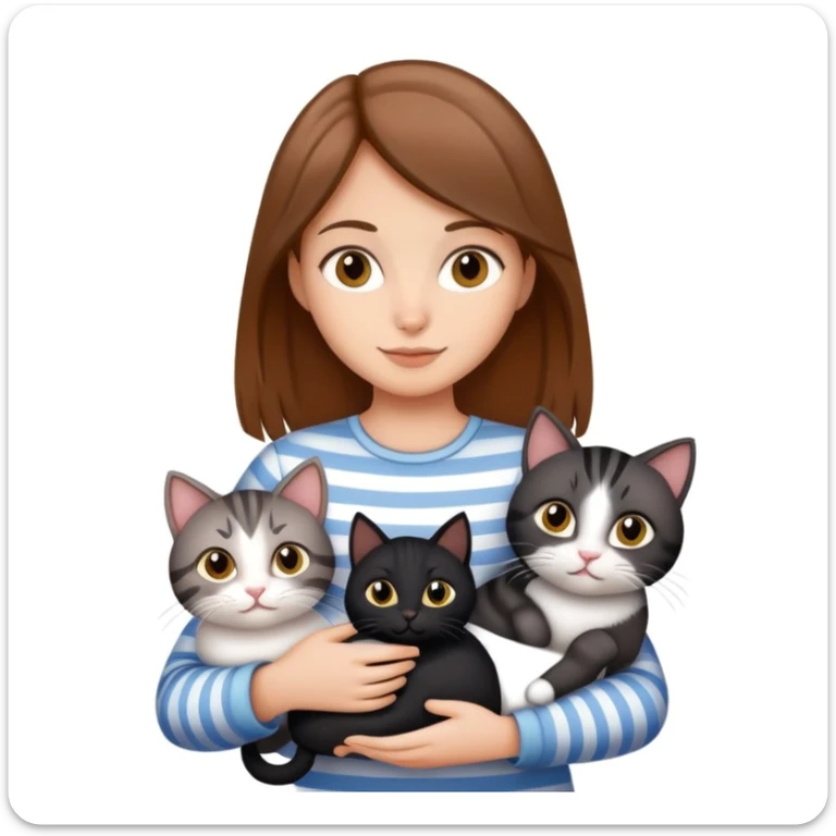 Tan brown-haired girl holding three cats, one black cat, one grey cat, and one grey-striped cat sticker