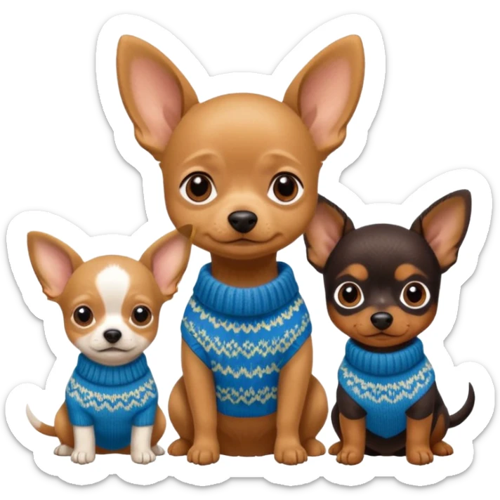 Cagnolini piccoli seduti un chiuaua un Bassotto e un Yorkshire con vestitini in maglia sticker