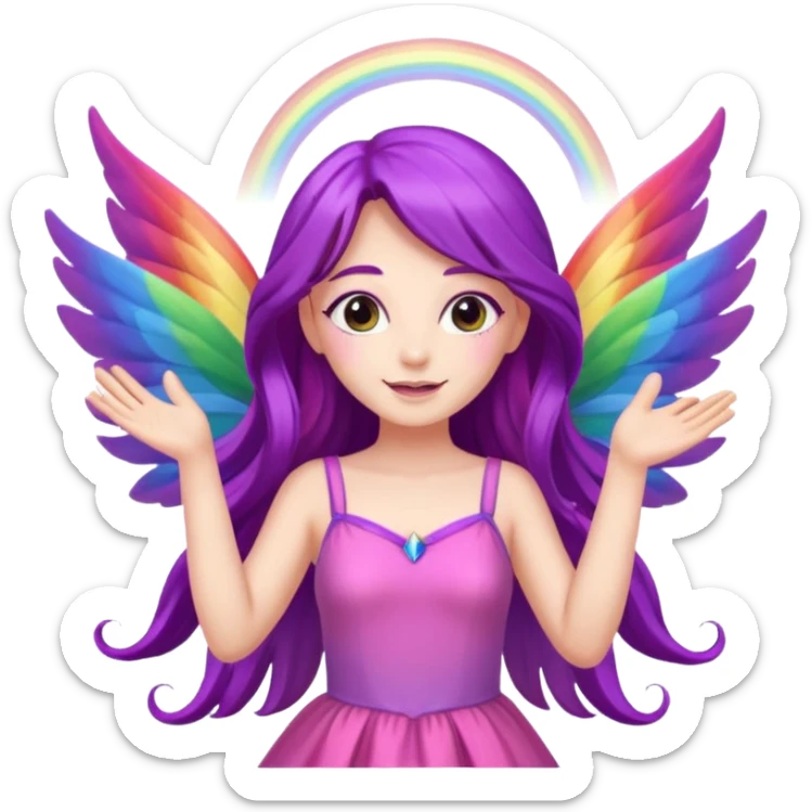 Female fairy
Long purple hair
Pink dress
Rainbow wings
Waving 
Saying hello
 sticker