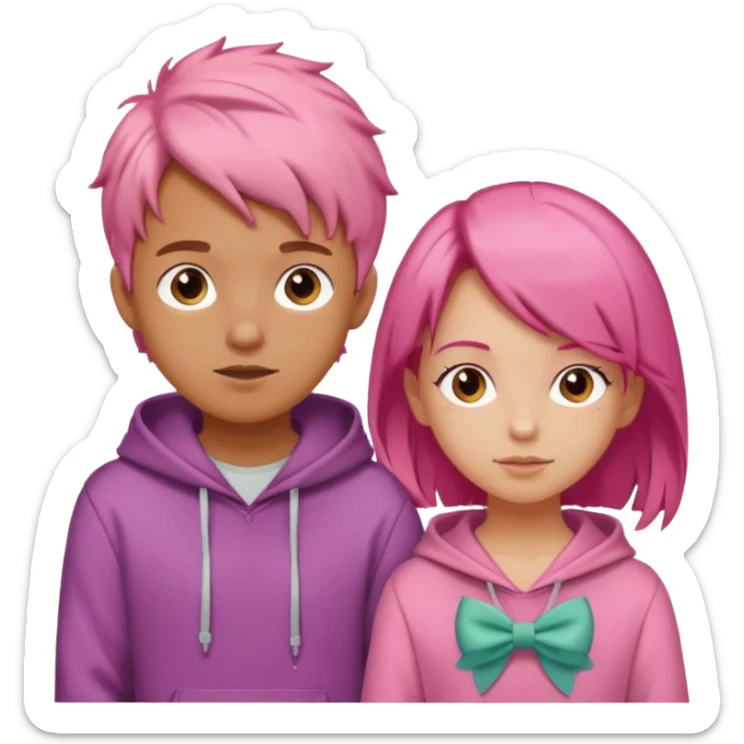 Boy with bow hair and orange hoodie in love with pink haired girl sticker