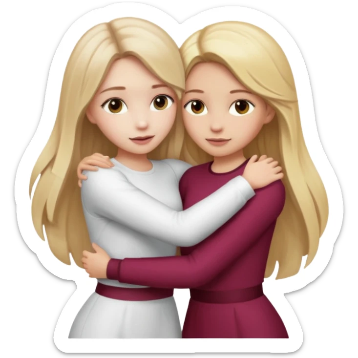 two girls who hug eachother. one has long dark blonde hair with blonde highlights and very pale skin , other has medium skintone and blush and medium blonde hair. girl with long dark blonde hair is wearing a white outfit and girl with blonde hair is wearing a burgundy outfit sticker