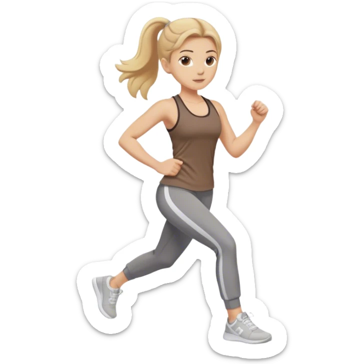 Exercising girl, white girl, medium hair, blonde hair, medium brown gym clothes, white sneakers, sticker