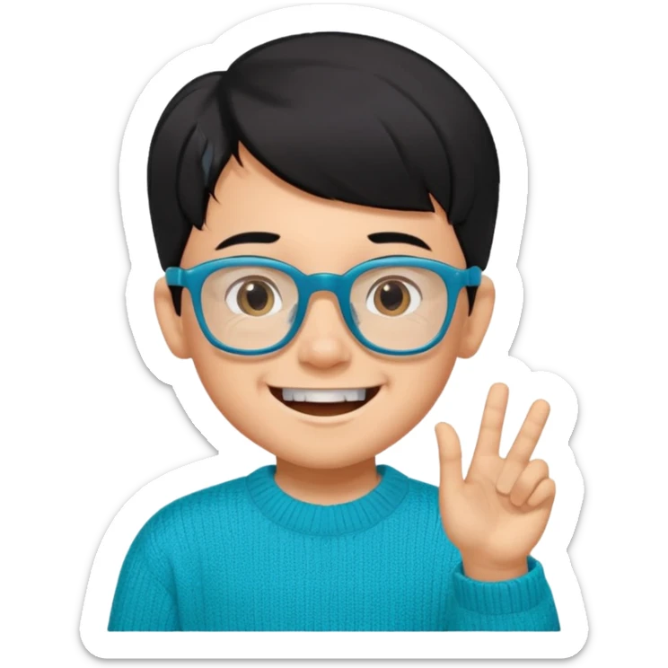 Chico de 7 años, pelo negro y repeinado, piel oscurita pero no mucho, gafas rectangulares azules, sonriente sin 1 diente, jersey verde turquesa y ojos algo rasgados sticker