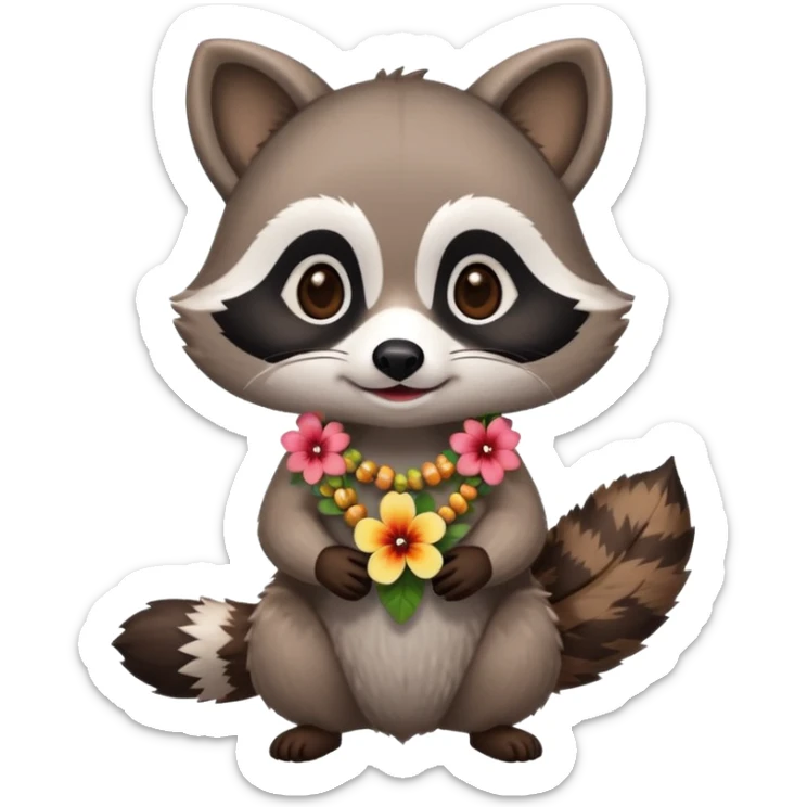 A cute chibi playful raccoon wearing a hawaiian flower necklace, looking festive. sticker