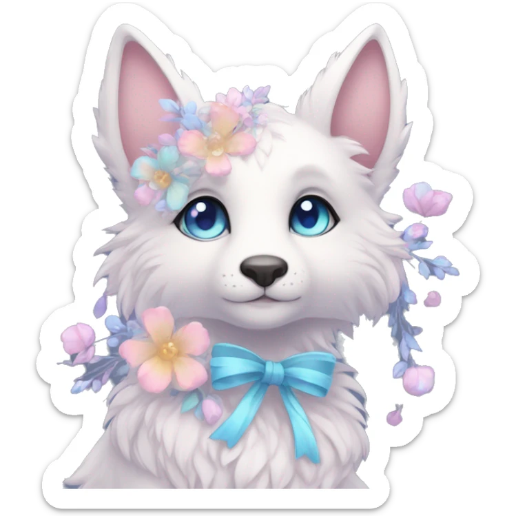 Anthro Cute Cool Pastel Kawaii gorgeous sparkly ethereal fantasy animal creature with blue eyes furry sona with flowers and ribbons beautiful aesthetic sticker