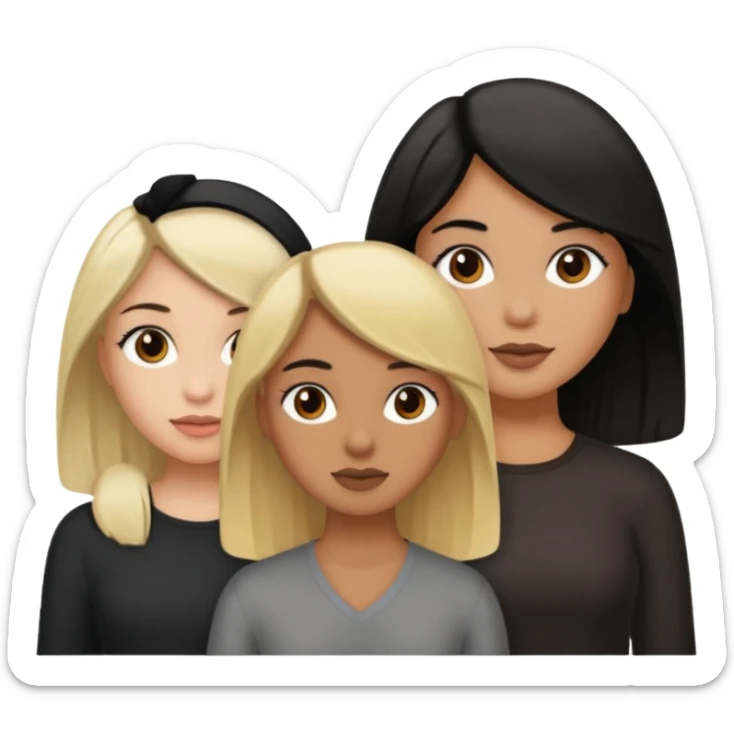 3 girls. 1 light skin with blonde hair, 1 brown skin with black hair and 1 tan skin with brown hair sticker