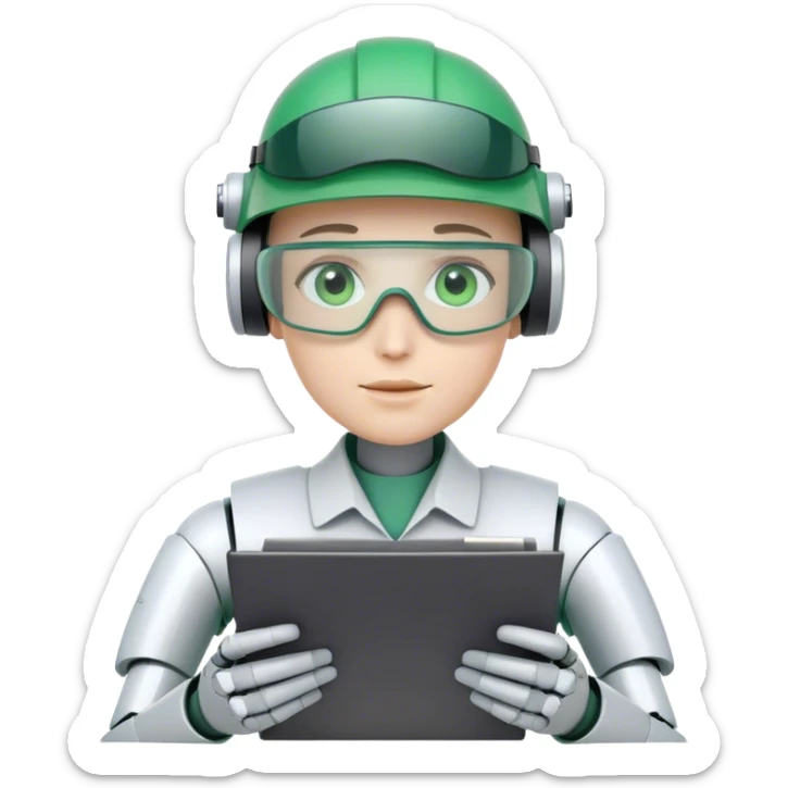 human like robot bookkeeper wearing an accounant Green eyeshade visor and holding spreadsheets sticker