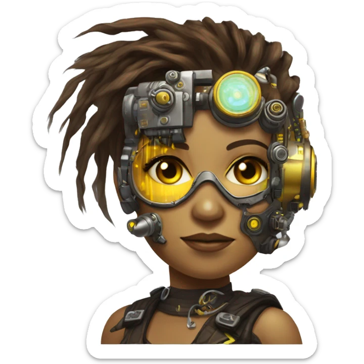 Brown with yellow streaks Mohawk hair female cyborg head, tan skin, steampunk goggles and circuits sticker