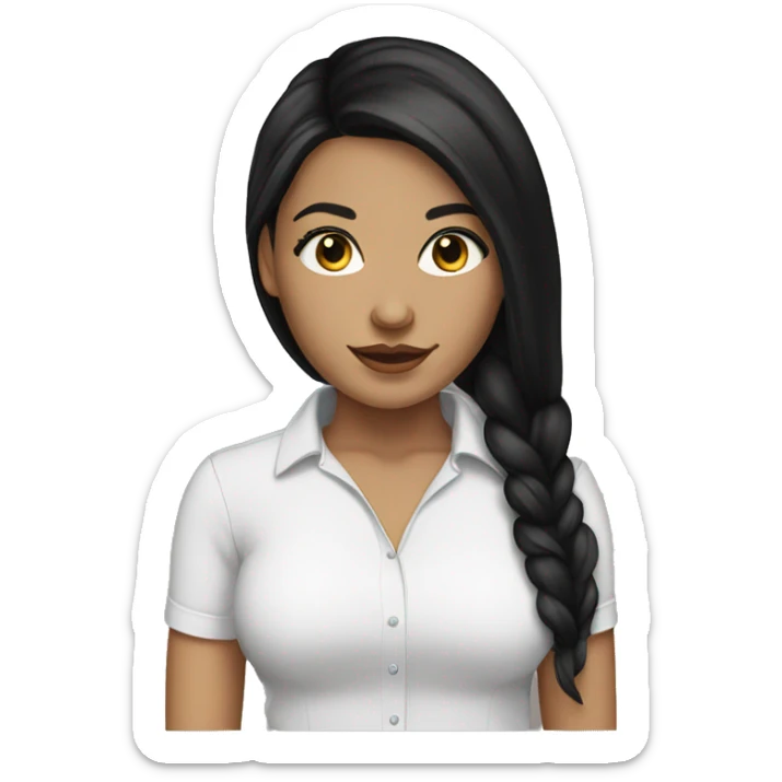 white female with long black hair, long lashes, hoop earrings, back shirt sticker